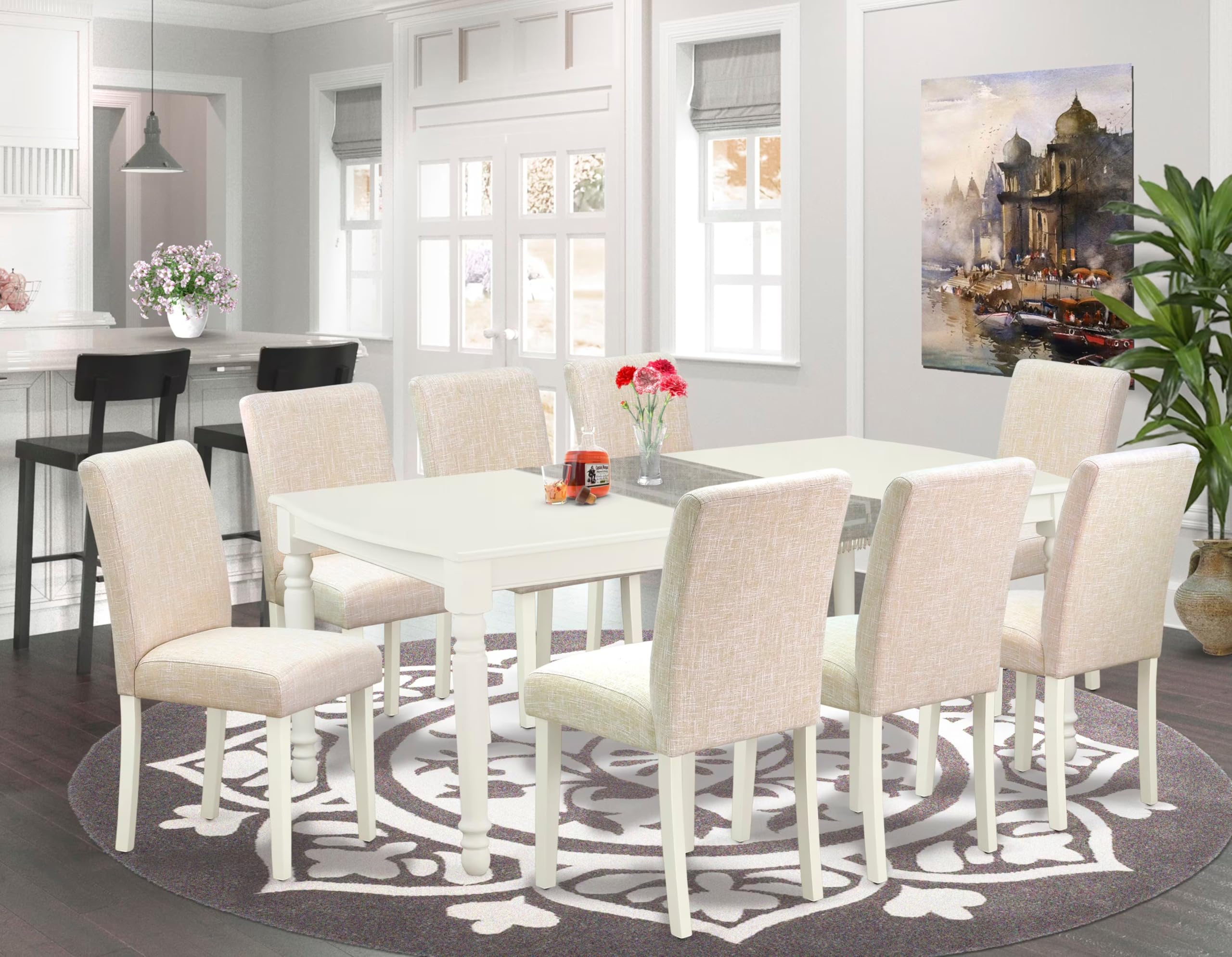 East West Furniture Doab9-Lwh-02 9 Piece Dining Table Set Includes A Rectangle Dining Room Table With Butterfly Leaf And 8 Light Beige Linen Fabric Parsons Chairs, 42X78 Inch, Linen White